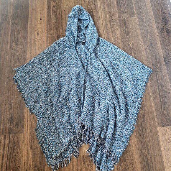 💙 Steve Madden Knit Hood Open Front Cape One Size Fits Most Pockets Boho Fall H - Picture 1 of 8